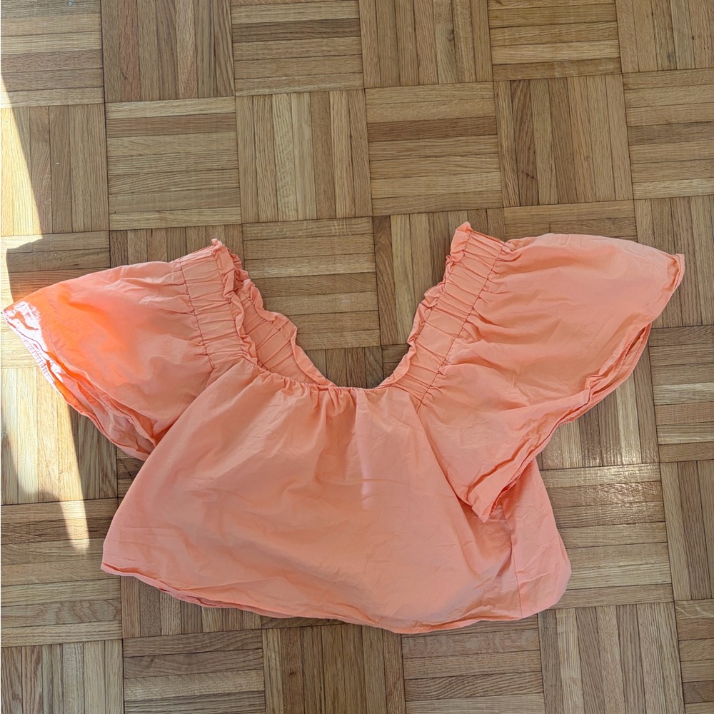 Zara Peach/Orange Off-Shoulder Puff Sleeve Crop Top 100% Cotton